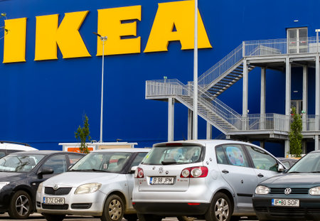 Bucharest, Romania - June 24, 2019: The Ikea store logo is seen on the top of the IKEA building in the opening day of the IKEA Pallady store, which is the second in Bucharest and elsewhere in Romania.のeditorial素材