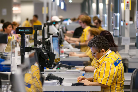 Bucharest, Romania - June 24, 2019: IKEA working staff at the cash registers are seen in the opening day of the IKEA Pallady store, which is the second in Bucharest and elsewhere in Romania.のeditorial素材