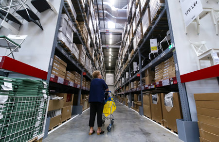 Bucharest, Romania - June 24, 2019: Buyers and curious visitors to see how the new IKEA Pallady store looks are seen in the opening day of the second IKEA store in Bucharest and elsewhere in Romania.のeditorial素材