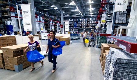 Bucharest, Romania - June 24, 2019: Buyers and curious visitors to see how the new IKEA Pallady store looks are seen in the opening day of the second IKEA store in Bucharest and elsewhere in Romania.のeditorial素材