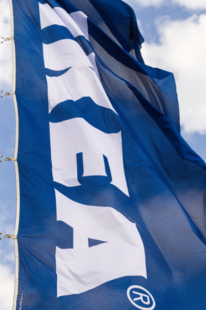 Bucharest, Romania - June 24, 2019: Ikea flags are seen in the opening day of the IKEA Pallady store, which is the second in Bucharest and elsewhere in Romania.のeditorial素材