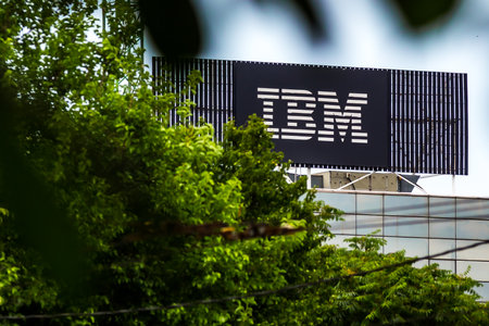 Bucharest, Romania -  June 06, 2019: The IBM logo is seen on the top of the IBM GDC Romania headquarter building, in Bucharest, Romania.のeditorial素材