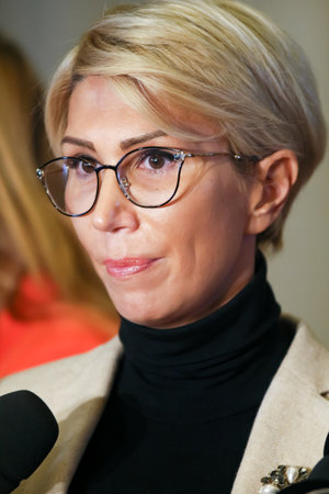 Bucharest, Romania - Februarry 19, 2019: Raluca Turcan, First Vice-President Communication of the National Liberal Party (PNL), speaks during a press conference, in Bucharest, Romania.のeditorial素材