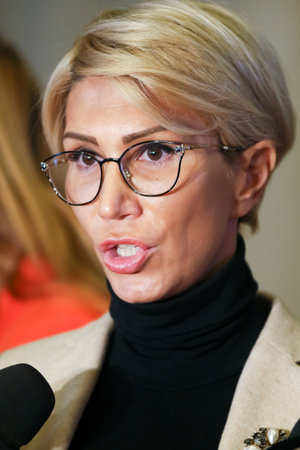 Bucharest, Romania - Februarry 19, 2019: Raluca Turcan, First Vice-President Communication of the National Liberal Party (PNL), speaks during a press conference, in Bucharest, Romania.のeditorial素材