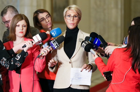 Bucharest, Romania - Februarry 19, 2019: Raluca Turcan, First Vice-President Communication of the National Liberal Party (PNL), speaks during a press conference, in Bucharest, Romania.のeditorial素材