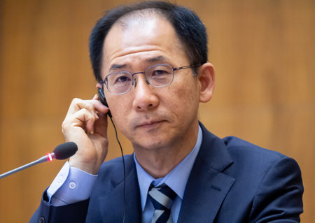 Bucharest, Romania - June 07, 2019: Jaewoo Lee, head of the International Monetary Fund mission for Romania and Bulgaria, during a press conference held in Bucharest.のeditorial素材