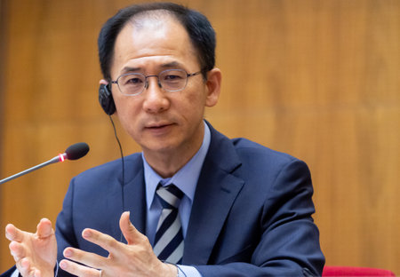 Bucharest, Romania - June 07, 2019: Jaewoo Lee, head of the International Monetary Fund mission for Romania and Bulgaria, during a press conference held in Bucharest.のeditorial素材