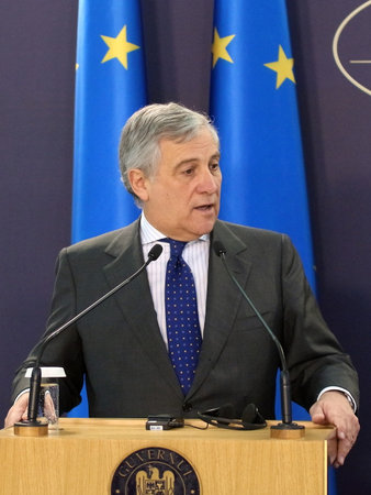 Bucharest, Romania - October 18, 2018: Antonio Tajani, President of the European Parliament, holds a speech at the end of the meeting of the EP Conference of Presidents with the Romanian Government at Victoria Palace in Bucharest.のeditorial素材
