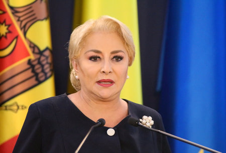 Bucharest, Romania - October 18, 2018: Viorica Dancila, Prime Minister of Romania, holds a speech at the end of the joint meeting of Romania and Republic of Moldova Governments at Victoria Palace in Bucharest.のeditorial素材