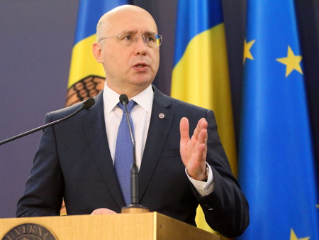 Bucharest, Romania - October 18, 2018: Pavel Filip,, Prime Minister of the Republic of Moldova, holds a speech at the end of the joint meeting of Romania and Republic of Moldova Governments at Victoria Palace in Bucharest.のeditorial素材