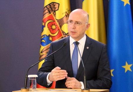 Bucharest, Romania - October 18, 2018: Pavel Filip,, Prime Minister of the Republic of Moldova, holds a speech at the end of the joint meeting of Romania and Republic of Moldova Governments at Victoria Palace in Bucharest.のeditorial素材