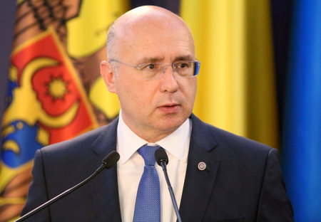 Bucharest, Romania - October 18, 2018: Pavel Filip,, Prime Minister of the Republic of Moldova, holds a speech at the end of the joint meeting of Romania and Republic of Moldova Governments at Victoria Palace in Bucharest.のeditorial素材