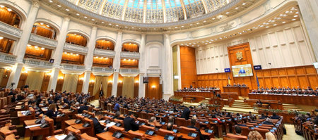 Bucharest, Romania - November 28, 2018: Members of Romanian Parliament listen the speech of a deputy, in a solemn plenary session of the Parliament dedicated to the Great Union Centennial.のeditorial素材