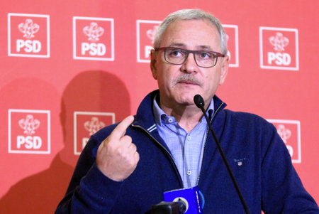 Bucharest, Romania - February 03, 2019: Liviu Dragnea, the chairman of the ruling Social Democratic Party (PSD), speaks during a press conference, in Bucharest, Romania.のeditorial素材