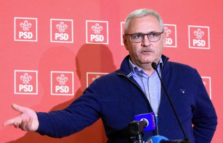 Bucharest, Romania - February 03, 2019: Liviu Dragnea, the chairman of the ruling Social Democratic Party (PSD), speaks during a press conference, in Bucharest, Romania.のeditorial素材