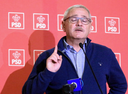 Bucharest, Romania - February 03, 2019: Liviu Dragnea, the chairman of the ruling Social Democratic Party (PSD), speaks during a press conference, in Bucharest, Romania.のeditorial素材