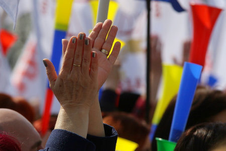 Bucharest, Romania - March 22, 2019: Several hundred court clerks, from the SNGJ union, take part in a protest rally against wage inequalities and inadequate working conditions.のeditorial素材