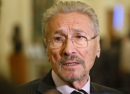 Bucharest, Romania - April 02, 2019: Emil Constantinescu, former President of Romania, speaks to the press on the occasion of the 15th anniversary of Romania's entry into NATO, in Bucharest.のeditorial素材