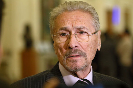 Bucharest, Romania - April 02, 2019: Emil Constantinescu, former President of Romania, speaks to the press on the occasion of the 15th anniversary of Romania's entry into NATO, in Bucharest.のeditorial素材
