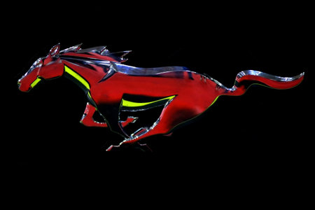 Bucharest, Romania - October 21, 2018: The logo of a Ford Mustang car is seen during Bucharest Auto Show, in Bucharest, Romania. This image is for editorial use only.のeditorial素材