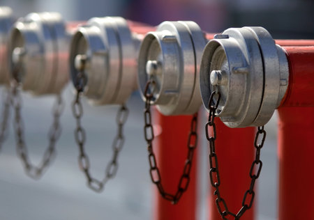 Bucharest, Romania - October 17, 2018: Several hydrants are ready to fight fire, in an emergency, in front of a large building in Bucharest, Romania. This image is for editorial use only.のeditorial素材