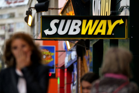 Bucharest, Romania - October 10, 2018: A logo of Subway fast food restaurant is displayed on the front of a restaurant in downtown Bucharest, Romania.のeditorial素材