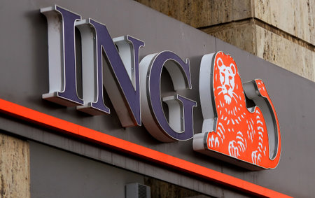 Bucharest, Romania -  October 11, 2018: A logo of ING Bank, Dutch multinational banking and financial services corporation, is displayed on the top of a building, in Bucharest, Romania.のeditorial素材