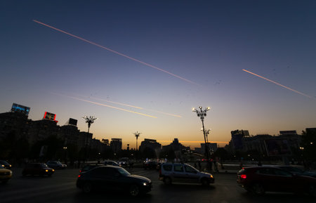 Bucharest, Romania - October 31, 2018: Planes are seen flying on the sky in Bucharest. This image is for editorial use only.のeditorial素材