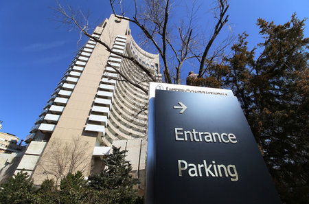 Bucharest, Romania - March 18, 2019: Entrance to the parking of InterContinental Bucharest Hotel located on Nicolae Balcescu Boulevard, in Bucharest, Romania.のeditorial素材
