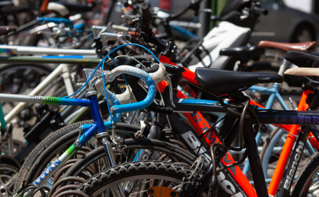 Bucharest, Romania - May 21, 2019: Bicycles are parked in front of the University of Architectureのeditorial素材