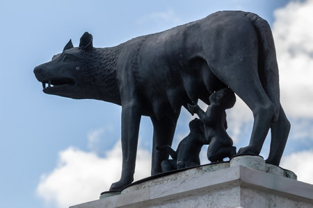 Bucharest, Romania - May 21, 2019: The Capitoline Wolf statue, given as a gift to Bucharest by the municipality of Rome in 1906, is seen in Rome Square near Lipscani street in Bucharest.のeditorial素材
