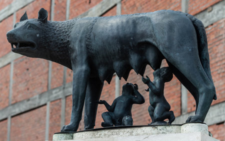 Bucharest, Romania - May 21, 2019: The Capitoline Wolf statue, given as a gift to Bucharest by the municipality of Rome in 1906, is seen in Rome Square near Lipscani street in Bucharest.のeditorial素材