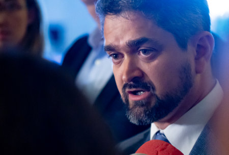Bucharest, Romania - August 27, 2019: Theodor Paleologu, the candidate for the Romanian presidency of the People's Movement Party (PMP), during a press conference, held in Bucharest.のeditorial素材