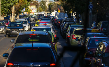 Bucharest, Romania - October 25, 2018: Cars are seen in heavy traffic at peak hours, in Bucharest, Romania.のeditorial素材