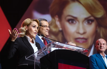 Bucharest, Romania - October 12, 2019: Gabriela Firea, the mayor of Bucharest, speaks at the PSD launch event of the candidacy of Viorica Dancila, at the Romanian Presidency, in Bucharest.のeditorial素材