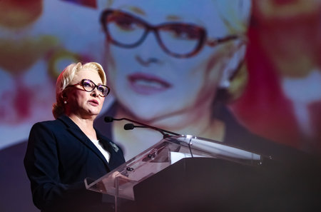Bucharest, Romania - October 12, 2019: Viorica Dancila, the president of the Social Democratic Party (PSD), speaks at the launch event of her candidacy for the Romanian Presidency, in Bucharest.のeditorial素材