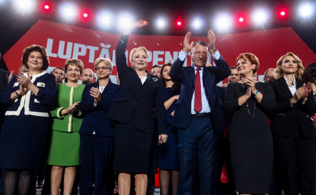 Bucharest, Romania - October 12, 2019: Viorica Dancila, the president of PSD, enjoy along with the party leadership at the launch event of her candidacy for the Romanian Presidency, in Bucharest.のeditorial素材