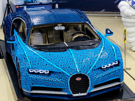 Bucharest, Romania - September 26, 2019: A full-size Bugatti Chiron made entirely from lego bricks is presented to the public at a press event in Bucharest.のeditorial素材