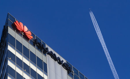 Bucharest, Romania -  November 09, 2019: A logo of Huawei, Chinese telecommunications equipment company, is displayed on the top of a building, in Bucharest, Romania.のeditorial素材