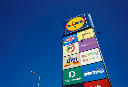 Bucharest, Romania - April 08, 2020: The signs of german supermarket company Lidl are present on a mall signal tower in Bucharest, Romania. This image is for editorial use only.のeditorial素材