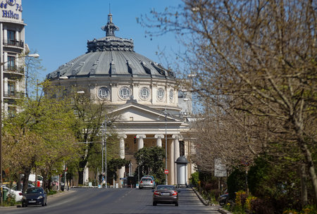 Bucharest, Romania - April 07, 2020: The Romanian Athenaeum (Ateneul Roman) is a concert hall inaugurated in 1988, which hosts each year the George Enescu International Festival in Bucharest, Romania.のeditorial素材