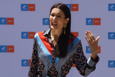 Bucharest, Romania - June 28, 2020: Clotilde Armand, the candidate of the Usr Plus Alliance for the mayor office of sector 3 of Bucharest, holds a press conference in Bucharest.のeditorial素材