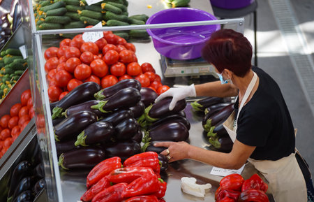 Bucharest, Romania - August 11, 2020: The stalls of the new agri-food market Piata Sudului during the presentation event held by the mayor of sector 4 of Bucharest for the press.のeditorial素材