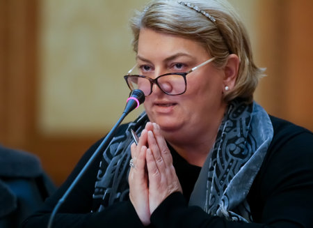 Bucharest, Romania - November 27, 2019: Doina Gradea, President - General Director of the Romanian Television Society SRTV, is heard in the committees for culture of the Romanian Parliament.のeditorial素材