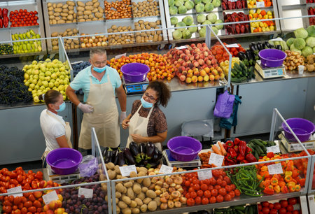 Bucharest, Romania - August 11, 2020: The stalls of the new agri-food market Piata Sudului during the presentation event held by the mayor of sector 4 of Bucharest for the press.のeditorial素材