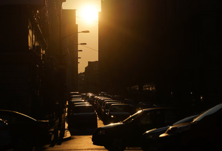 Bucharest, Romania - March 08, 2021: Cars in traffic at rush hour on a boulevard in Bucharest.のeditorial素材