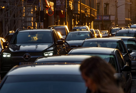 Bucharest, Romania - March 08, 2021: Cars in traffic at rush hour on a boulevard in Bucharest.のeditorial素材