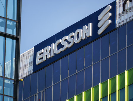 Bucharest, Romania - August 16, 2021: A logo of Ericsson, Swedish multinational networking and telecommunications company, is displayed above a building office, in Bucharest, Romania.のeditorial素材
