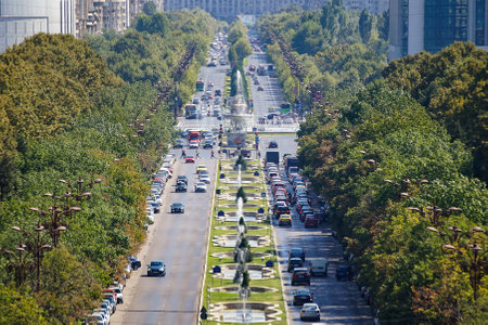 Bucharest, Romania - September 09, 2021: View along Unirii Boulevard, during the communist regime called Victory of Socialism Boulevard.のeditorial素材