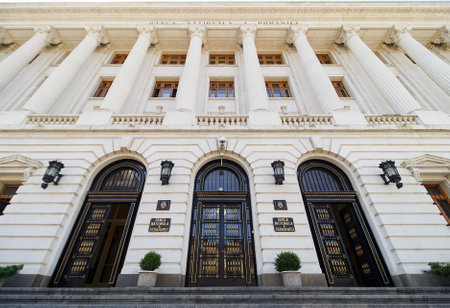 Bucharest, Romania - August 09, 2021: The National Bank of Romania headquarters, in this picture is the new wing of the BNR Palace, built between 1937 and 1944, on Doamnei street in Bucharest, Romaniaのeditorial素材